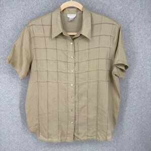 Jordan Woman VTG 100% Linen Button Up Shirt Size 22W Beige Tan Shoulder Pad EUC